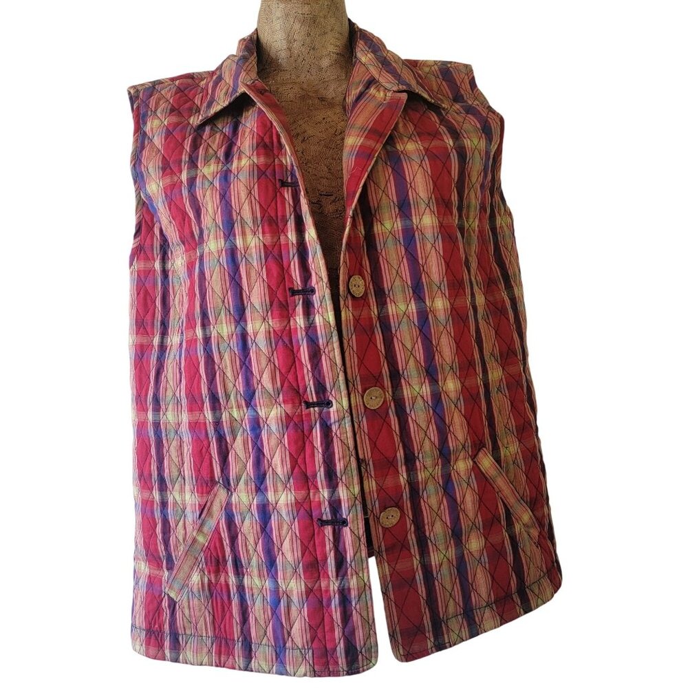 Vintage Womens Quilted Plaid Button-Up Vest  Cottagecore